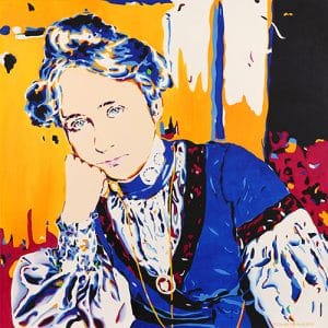 Gabriele Münter, Portrait und Oberkörper in den Farben blau, gelb, rot , schwarz, weiß, Blauer Reiter, sehr modern, Pop Art, gemalt.